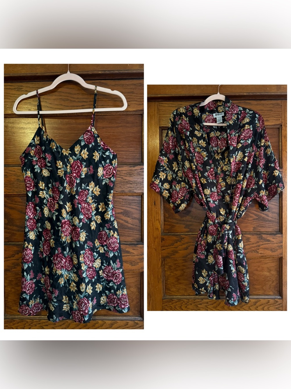 100% SILK 2PC Babydoll Slip Dress Robe Dark Floral Y2K 90’s Coquette Vintage M